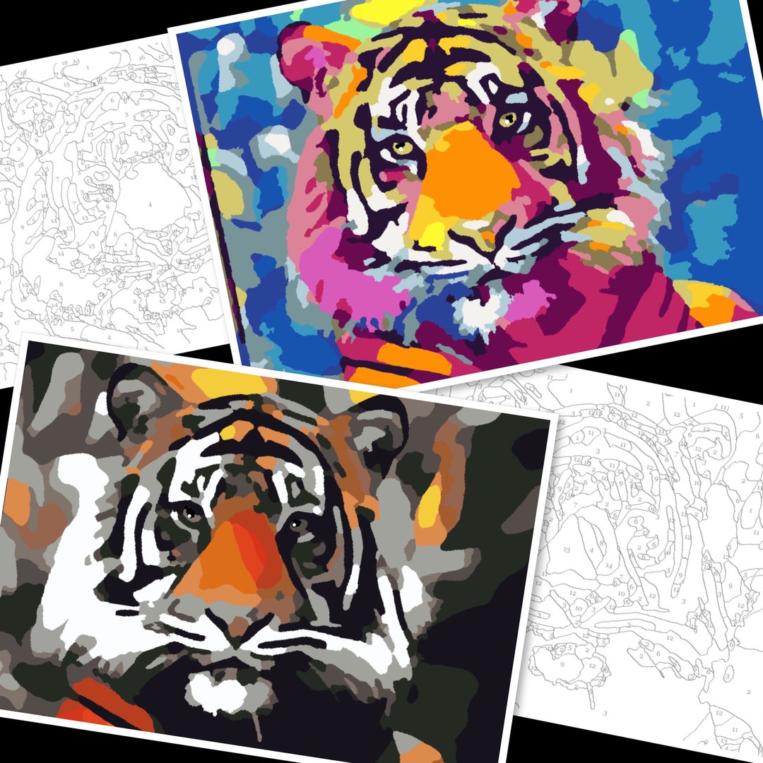 Tigers Painting by Numbers, Pair Diy Tiger Artwork, Modern Tiger Number
