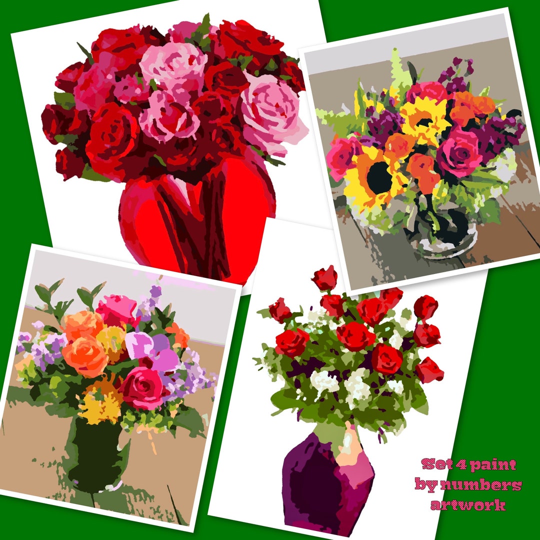 Paint by Numbers, A4 Size, Set of 4 Floral Artworks, Home Wall Decor