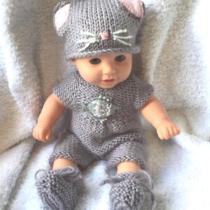 Doll Knitted Outfit: Puss in Boots Romper, Cat Hat & Boots (PDF Pattern