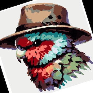 Oiseau rosella d'Australie avec un chapeau akubra peint par numéros. peintures textiles, collage, couture lente, broderie, téléchargements instantanés DIYART