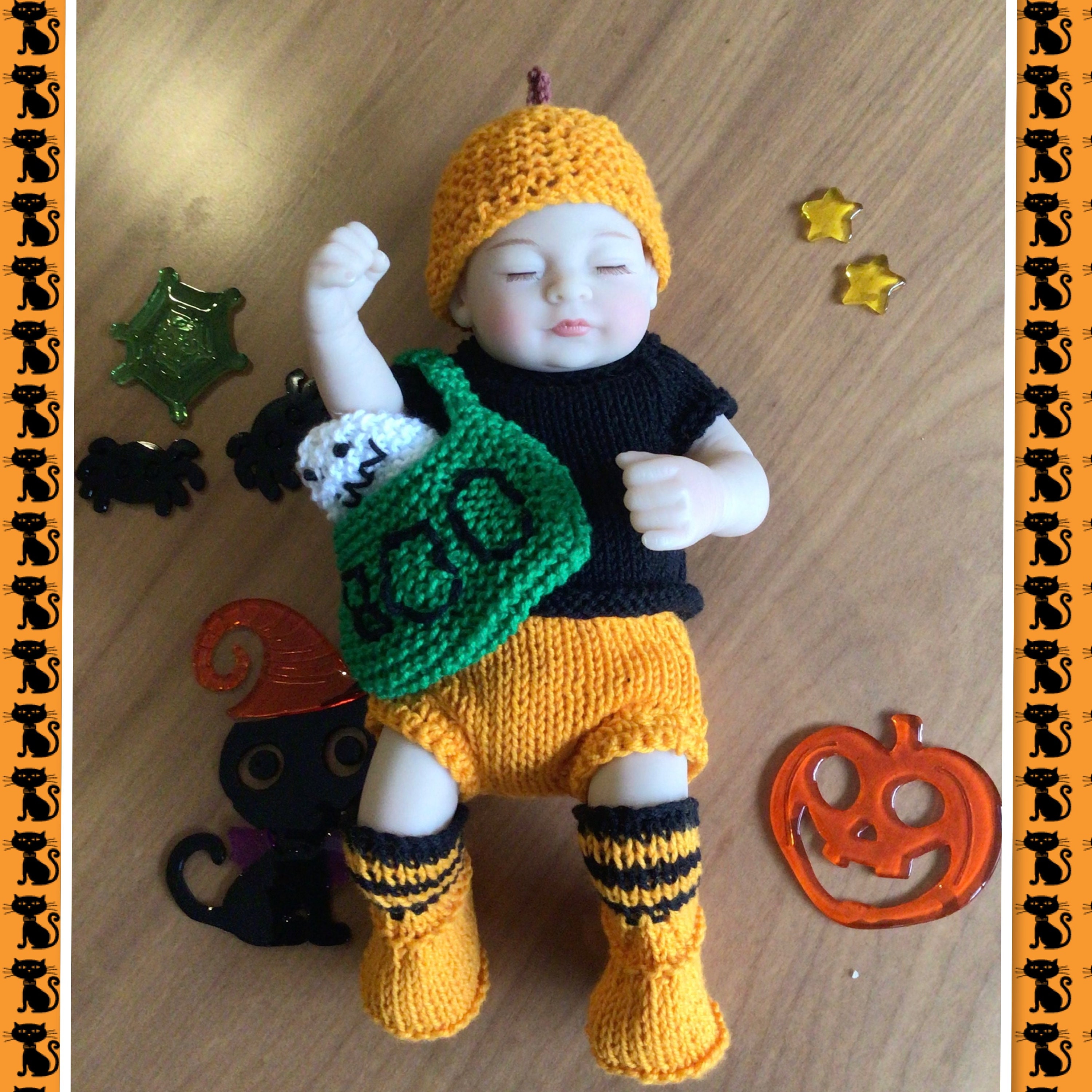 Baby doll 10" clothes halloween knitted patterns, 4ply cotton, top knickers,  pumpkin hat, boots, treat bag, finger puppet,doll pattern