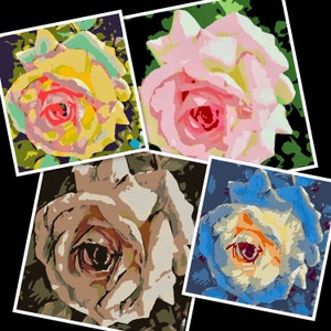 Set de 4 rosas pintadas por números, hermosas rosas para pintar. Arte DIY, impresión en casa, flores de arte de papel, pintura de números botánicos, arte de dormitorio