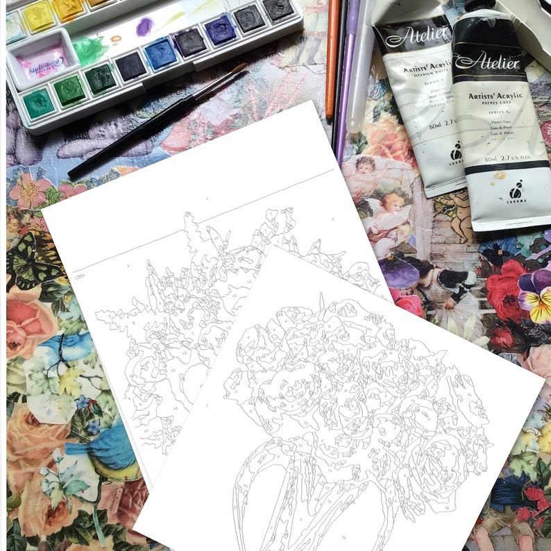 Paint by Numbers, A4 Size, Set of 4 Floral Artworks, Home Wall Decor