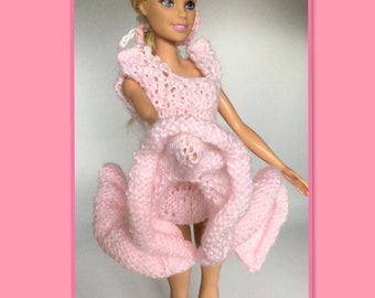 Fashion Doll Pink party girl knitted patterns for fashion dolls 11&quot;-12&quot; fashions to mix and match, pdf patterns knitted flat. pink dress