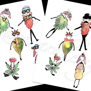 May include: A set of colorful illustrations of whimsical characters with plant-like bodies and various accessories. The characters are drawn in a cartoon style with bright colors and details.