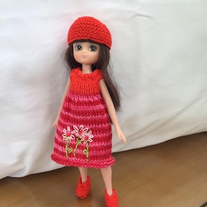 以下が含まれることがあります： 赤いニットのドレス、帽子、靴を身に着けた人形。 ドレスには花の刺繍が施されています。 人形は茶色の髪をしており、ニュートラルな背景に置かれています。