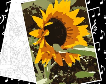 Sunflower paint by numbers,summer flowers,DIY painting,colour by numbers kit,printable,bright yellows,flower painting,diy gift,