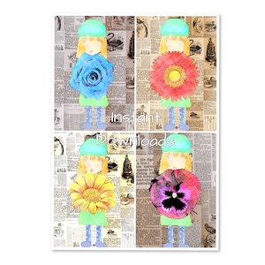 Folhas de colagem para impressão, arte de decoupage, cartões, diário de arte, florista caprichosa, amores-perfeitos, margaridas, rosas, scrapbooking, diversão com bordado