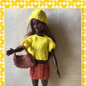 May include: A doll dressed in a yellow knitted hat, short-sleeved sweater, and orange skirt. The doll is also holding a small, brown knitted purse. The doll has brown hair and dark skin.