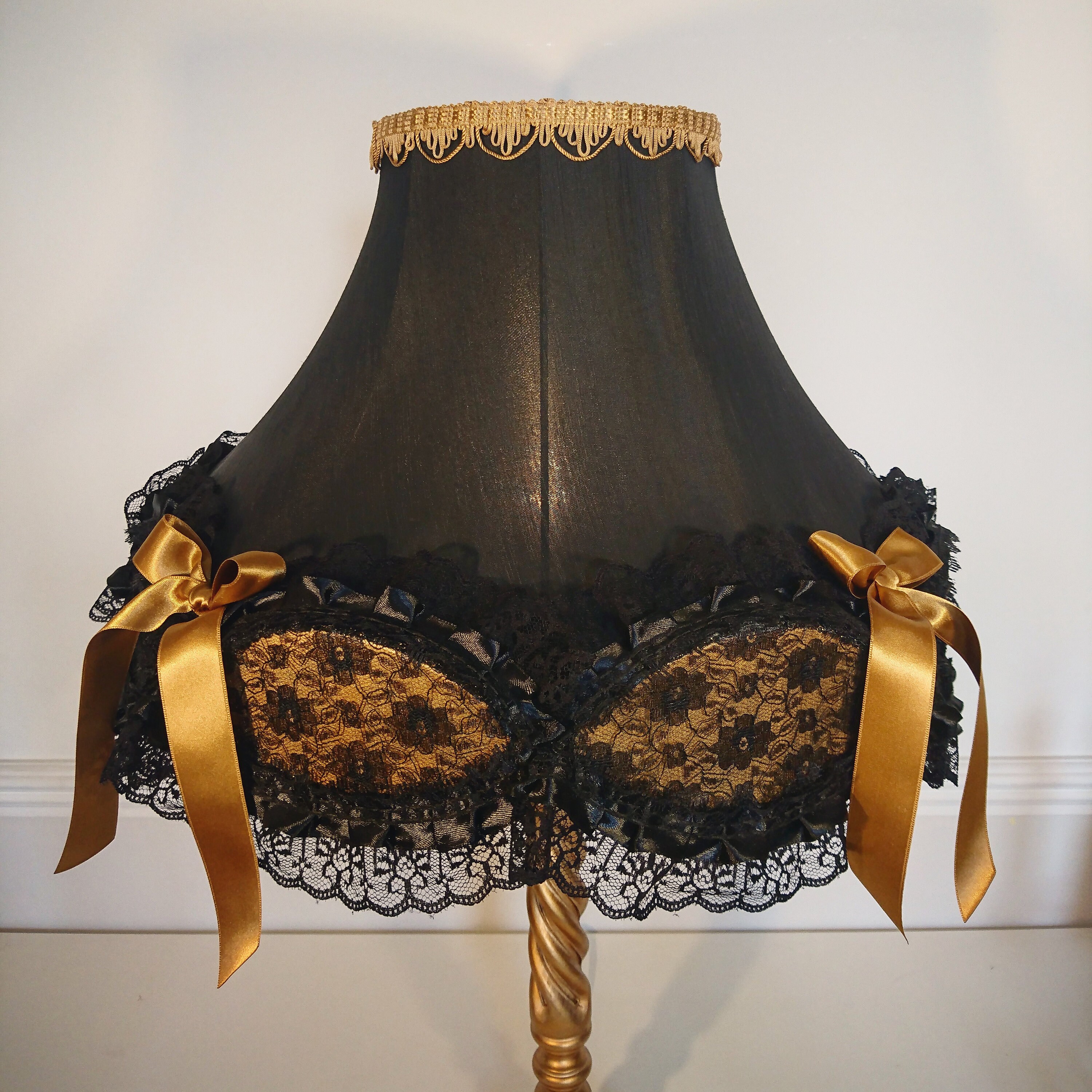 Andalusian Beauty Large Traditional Victorian Style Lampshade In Hand Dyed Black Fabric With Lovely Lace And