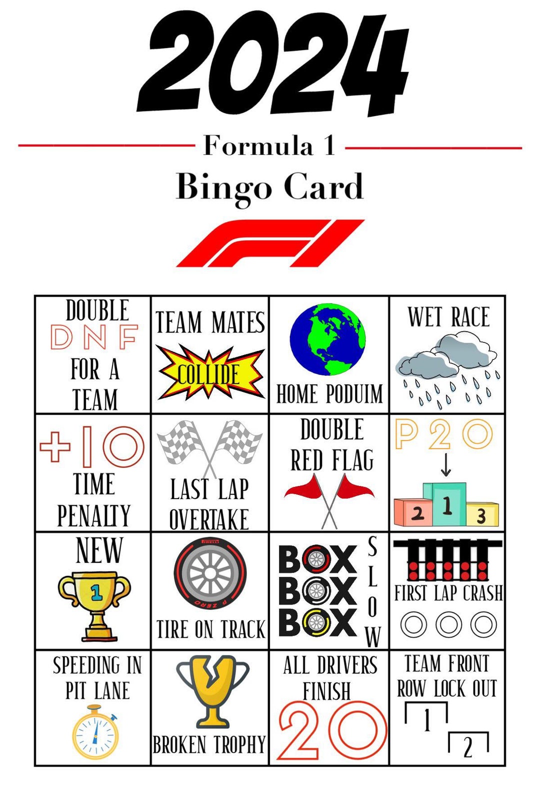 Aluminium Formula 1 2024 Season Bingo Cards F1 Bingo Cards F1 Gifts