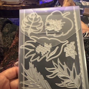 May include: A clear plastic packet containing metal leaf-shaped cutting dies. The dies feature various shapes, including ferns and other botanical designs. The packet is held in a person's hand.