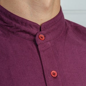 Wild hemp and Organic Cotton Maroon Grandad shirt Casual fit Red or white Collarless shirt image 1