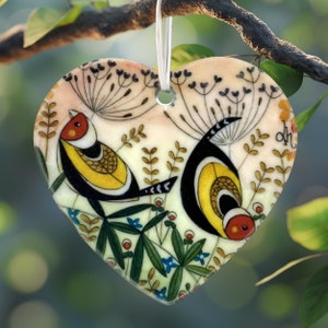 Goldfinch Love Heart, Colourful Wild Garden Bird, Ceramic Hanging Decoration, Pretty Garden Bird Watercolour Print, Lovely Boxed Gift.