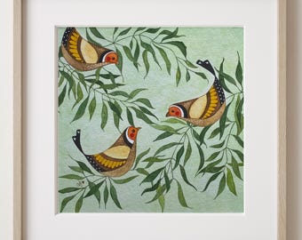 Impresión giclée de jilguero, pintura de vida silvestre en acuarela, pájaros de jardín coloridos, regalo para amantes de la naturaleza, montado y listo para enmarcar.