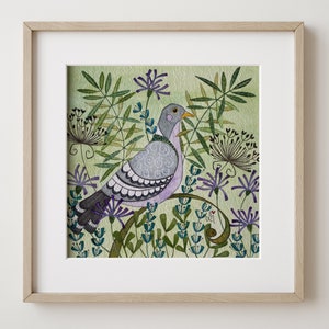 Wood Pigeon Art Print, Nature Inspired Wildlife Painting, Colourful Garden Bird, Square Botanical Giclee Print,  Mounted & Ready to Frame
