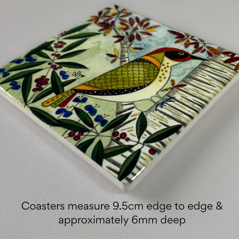 Green Woodpecker Coaster: Ceramic Wild Bird Art Tile, Nature-Inspired Tableware image 5