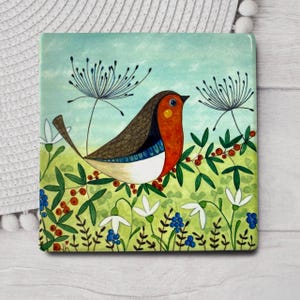 Robin Ceramic Coaster, Nature Inspired Drinks Tile, Garden Bird & Snowdrops Art, Boxed for Gifting.