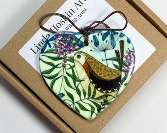 Jenny Wren Ceramic Heart: Garden Bird Hanging Decoration, Watercolour Wildlife Art, Boxed for Gifting.