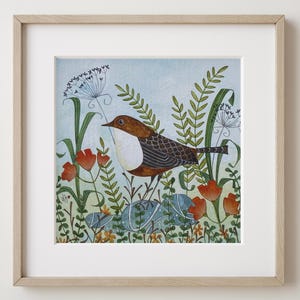 Dipper Bird Watercolour Giclee Print, Colourful Songbird Painting, Mounted Ready to Frame.