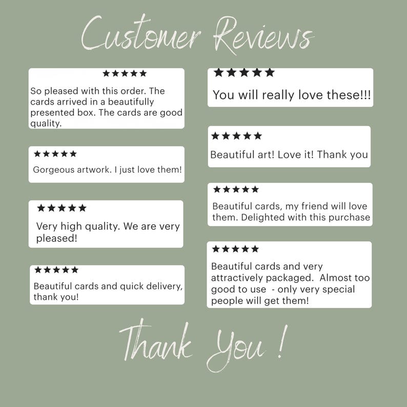 Puede incluir: Un fondo verde claro con las palabras "Customer Reviews" y "Thank You" en escritura cursiva. Cajas rectangulares blancas muestran testimonios de clientes con calificaciones de cinco estrellas, elogiando la calidad y la obra de arte de las tarjetas.