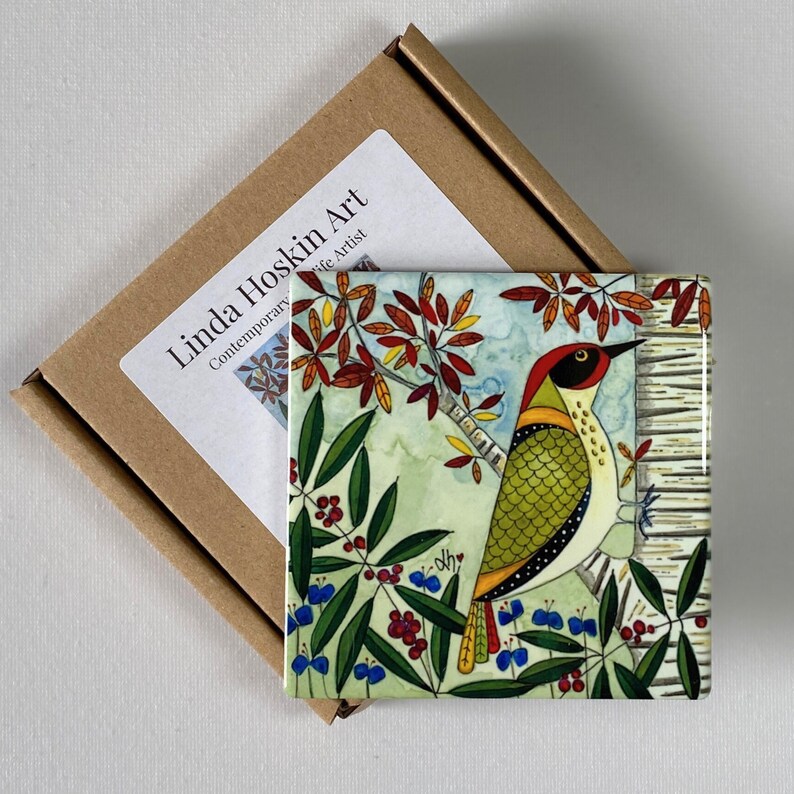Green Woodpecker Coaster: Ceramic Wild Bird Art Tile, Nature-Inspired Tableware image 3