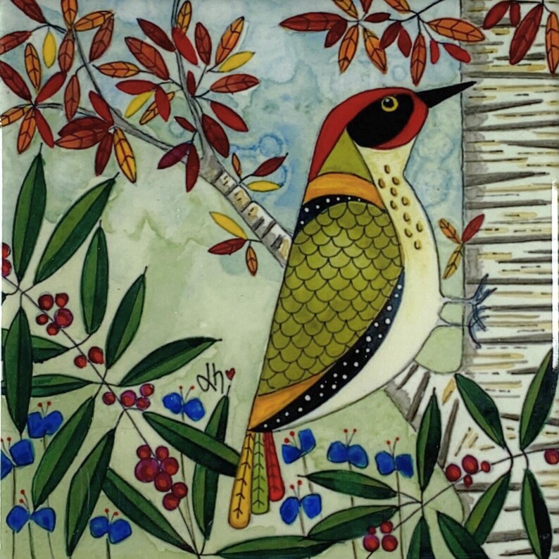 Green Woodpecker Coaster: Ceramic Wild Bird Art Tile, Nature-Inspired Tableware image 2