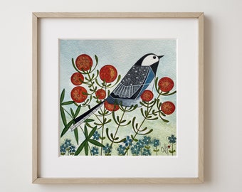 Giclee Art Print 'PIED WAGTAIL' Limited Edition, Nature Inspired Contemporary Watercolour, Lovely Wild Bird, Mounted, Ready to Frame.