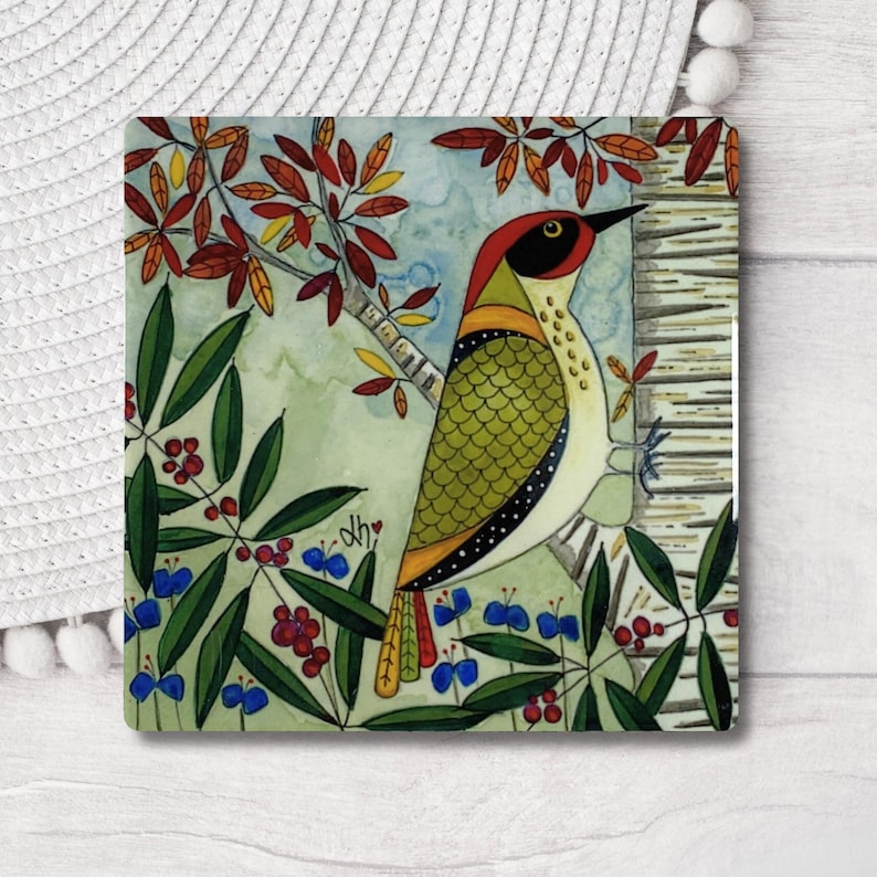 Green Woodpecker Coaster: Ceramic Wild Bird Art Tile, Nature-Inspired Tableware image 1