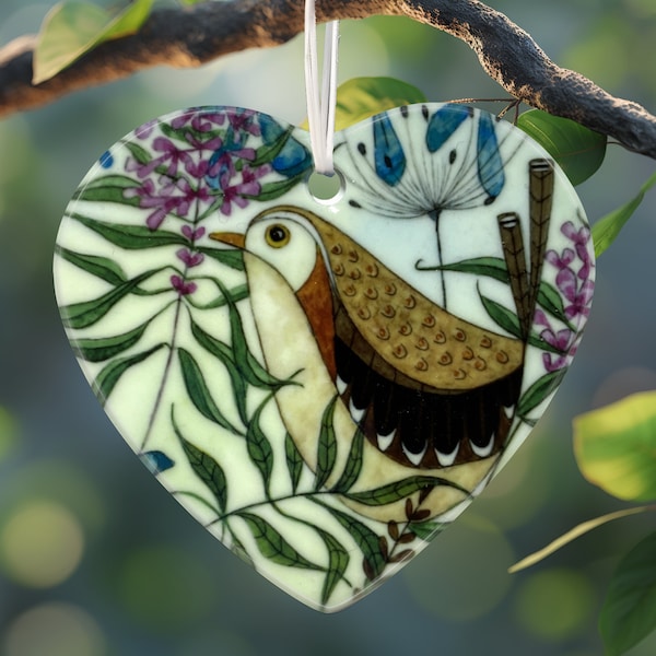 Jenny Wren Love Heart, Ceramic Hanging Decoration, Colourful Garden Bird Print, Nature Inspired Home Decoration, Lovely Bird Lovers Gift.