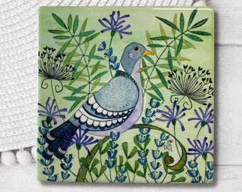 Posavasos de cerámica con diseño de paloma torcaz: arte botánico en acuarela, regalo en caja