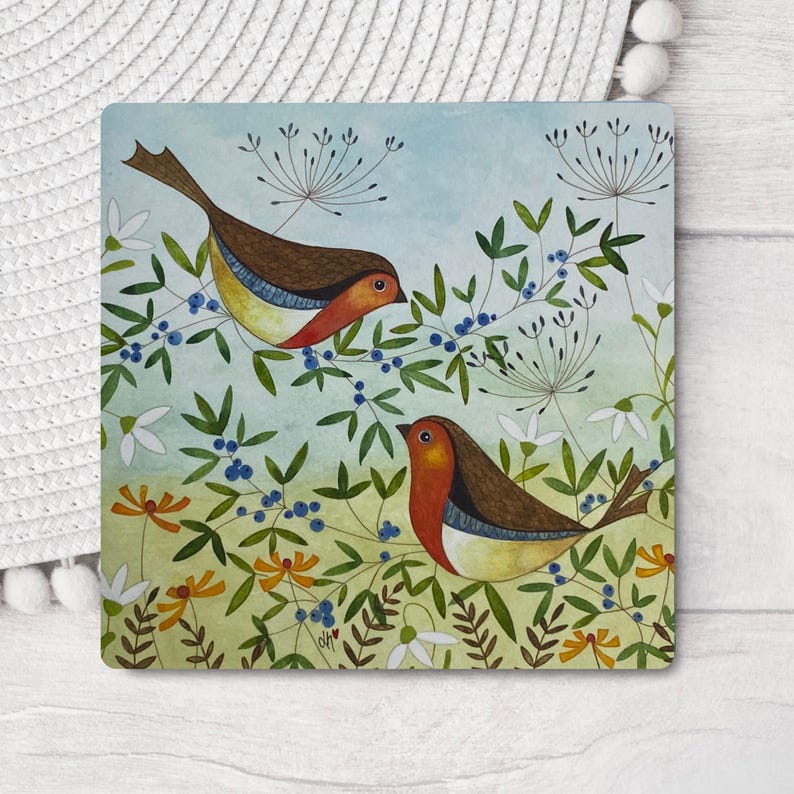 Winter Robins Ceramic Coaster: Colorful Wildlife Art Tile, Boxed Gift image 1