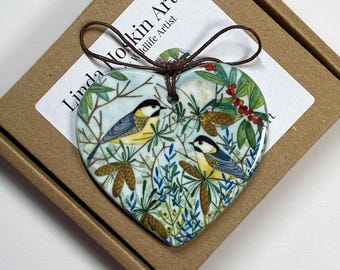 Willow-Tit & Silver Moon, Ceramic Heart, Pretty Bird Lovers Hanging, Woodland Wildlife Decoration, Boxed for Gifting.