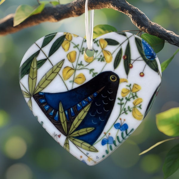 Blackbird Ceramic Heart, Pretty Garden Bird Hanging Decoration, Nature Inspired Art, Lovely Boxed Gift