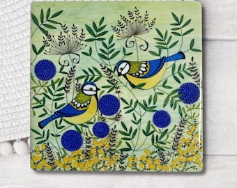 Blue Tits, Colourful Ceramic Coaster, Pretty Garden Birds, The Golden Hedgerow, Nature-Inspired Homeware, Boxed and ready for Gifting.