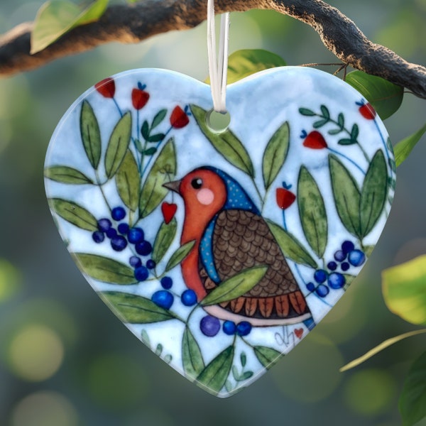 Ceramic Love Heart, Little Red Robin, Hanging Decoration, Colourful Garden Bird, Nature Inspired Print, Pretty Bird Lovers Boxed Gift.