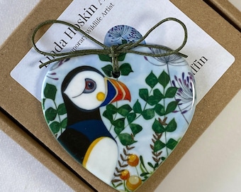 Puffin Ceramic Heart, Colourful Hanging Decoration, Bird Lovers Boxed Gift.