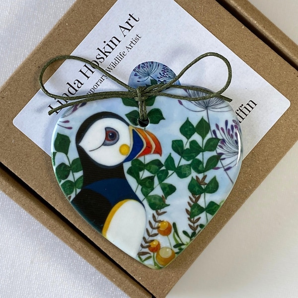 Puffin Ceramic Heart, Colourful Hanging Decoration, Bird Lovers Boxed Gift.