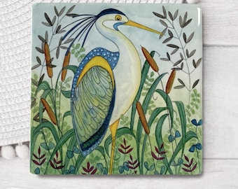 Grey Heron Drinks Coaster: Botanical Wildlife Art Tile, Boxed Gift