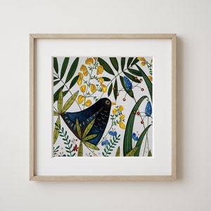 Giclee Art Print - Blackbird In The Hedgerow, Watercolour Wildlife Painting, Nature Inspired Art Print, Garden Bird, Mounted Ready to Frame.