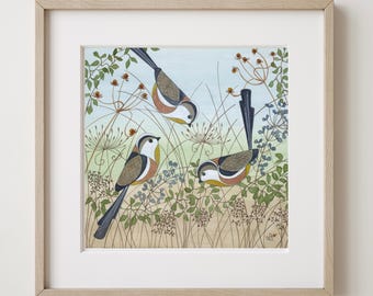 Carboneros de cola larga, lámina en acuarela, bonitos dibujos de aves silvestres para pared, pintura botánica de la naturaleza, montada y lista para enmarcar.