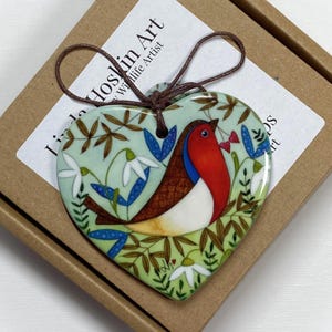 Robin & Snowdrops Ceramic Heart: Garden Bird Hanging Decoration, Nature Inspired Art, Boxed for Gifting.