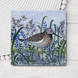 May include: A watercolour painting of a brown and white bird standing on a rock in a field of blue and green flowers. The bird has a long beak and is looking to the right. The background is a light blue sky.