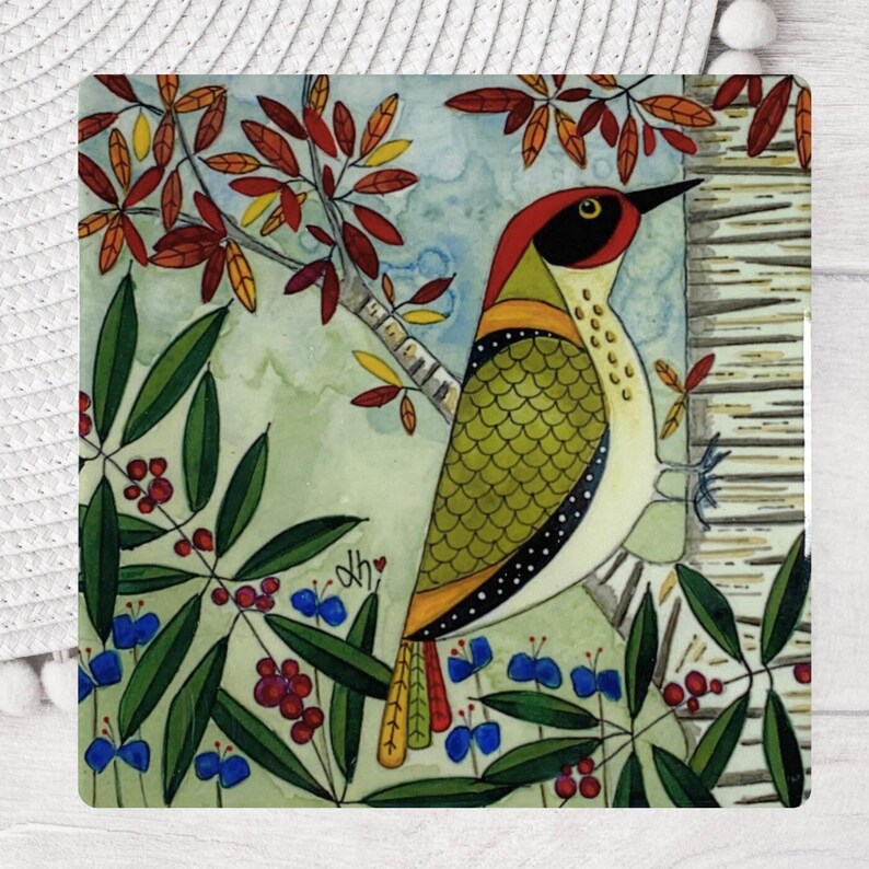 Green Woodpecker Coaster: Ceramic Wild Bird Art Tile, Nature-Inspired Tableware image 10