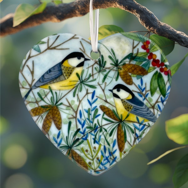 Pretty Willow Tits Love Heart, Colourful Bird Lovers Gift, Ceramic Hanging Decoration, Nature Inspired Watercolour Print, Lovely Boxed Gift.
