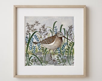 Giclee Art Print 'SANDPIPER' Nature Inspired Contemporary Watercolour, Beautiful Wading Bird in Muted Colours, Mounted & Ready To Frame