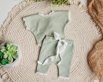 Newborn Girl Shorties and Top set Sage Green