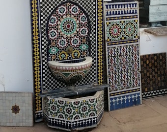 Moroccan Mosaic Tile Fountain, Moroccan Mosaic Fountain, Wall mosaic fountain, Garden and Indoor Mosaic Fountain, Mid Century water fountain