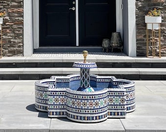 Handmade Moroccan Zellige Floor Fountain – Mosaic Ground Fountain for Entryway, Patio & Garden .