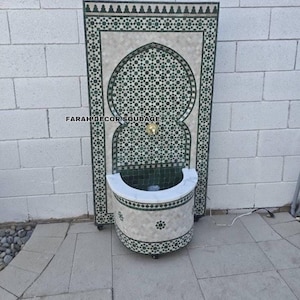 Moroccan Handmade Zellige Fountain, Wall Garden Water Feature, Green and beige Tiles Fountain, Indoor or Outdoor Oasis Fountain.